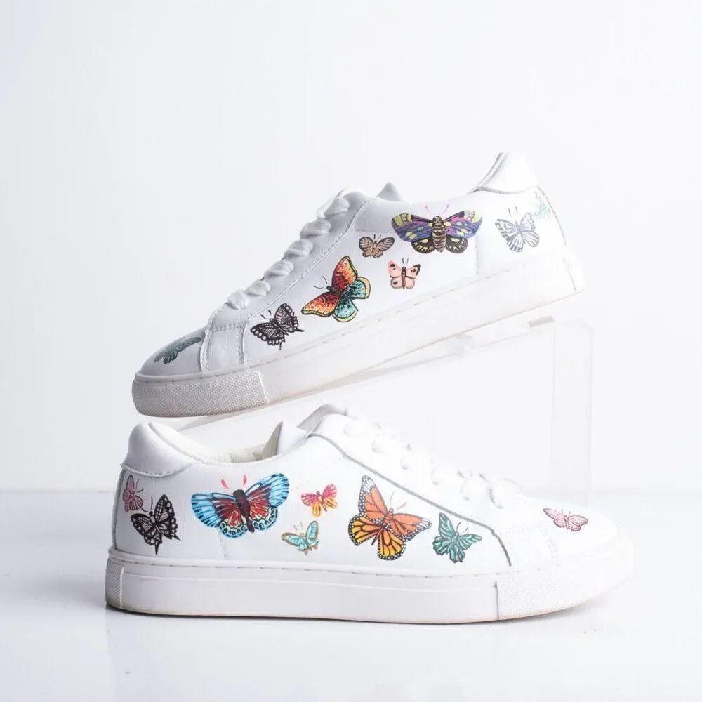 Alepel Womens Butterfly White Vegan Leather Sneakers Sz US 6 Hand Painted